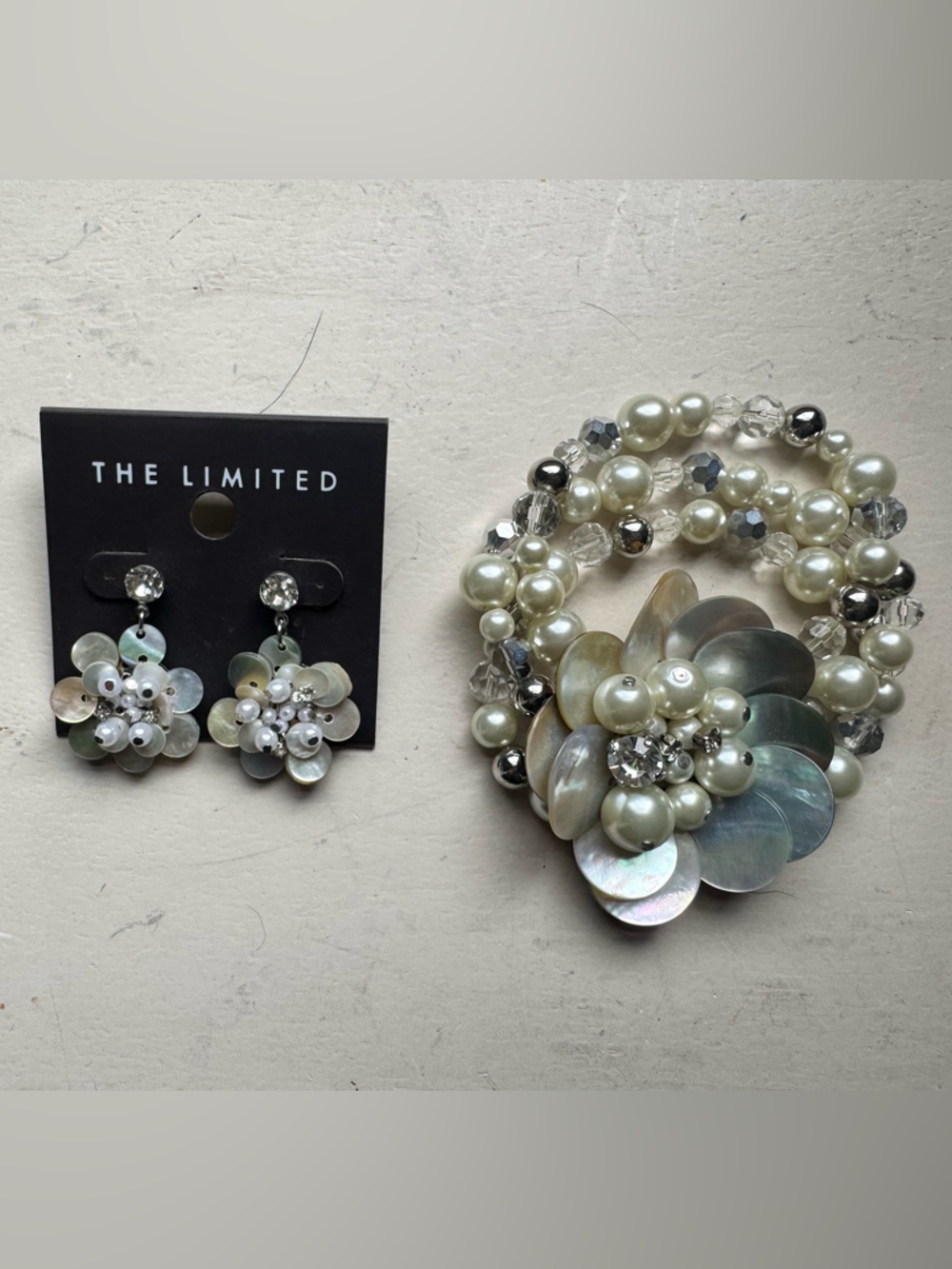 The Limited Shell, Pearl, Rhinestone, and Bead Bracelet and Earrings Set